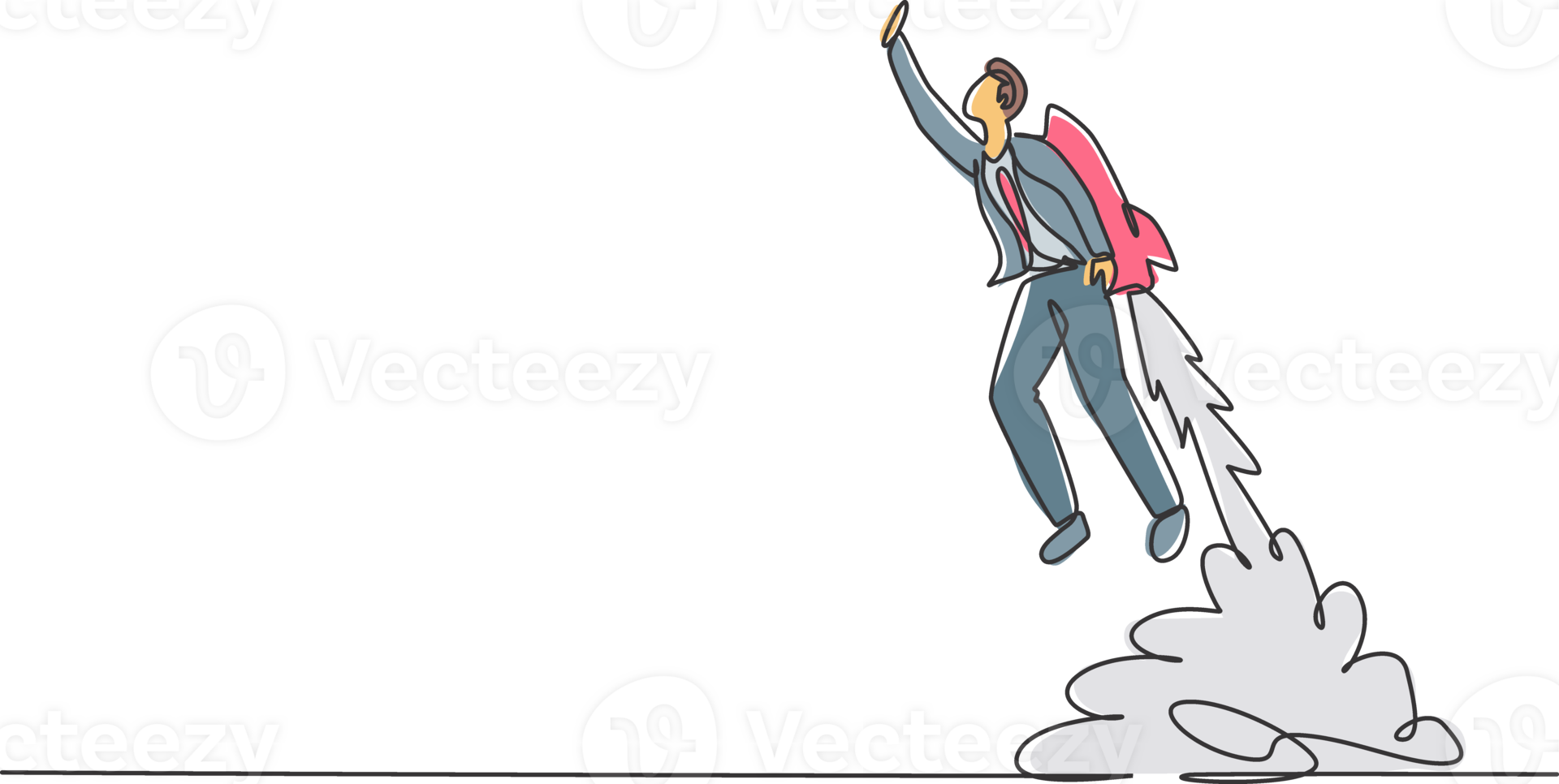 Continuous one line drawing of young handsome male worker flying high using jetpack machine. Success business manager minimalist concept. Trendy single line draw design graphic illustration png