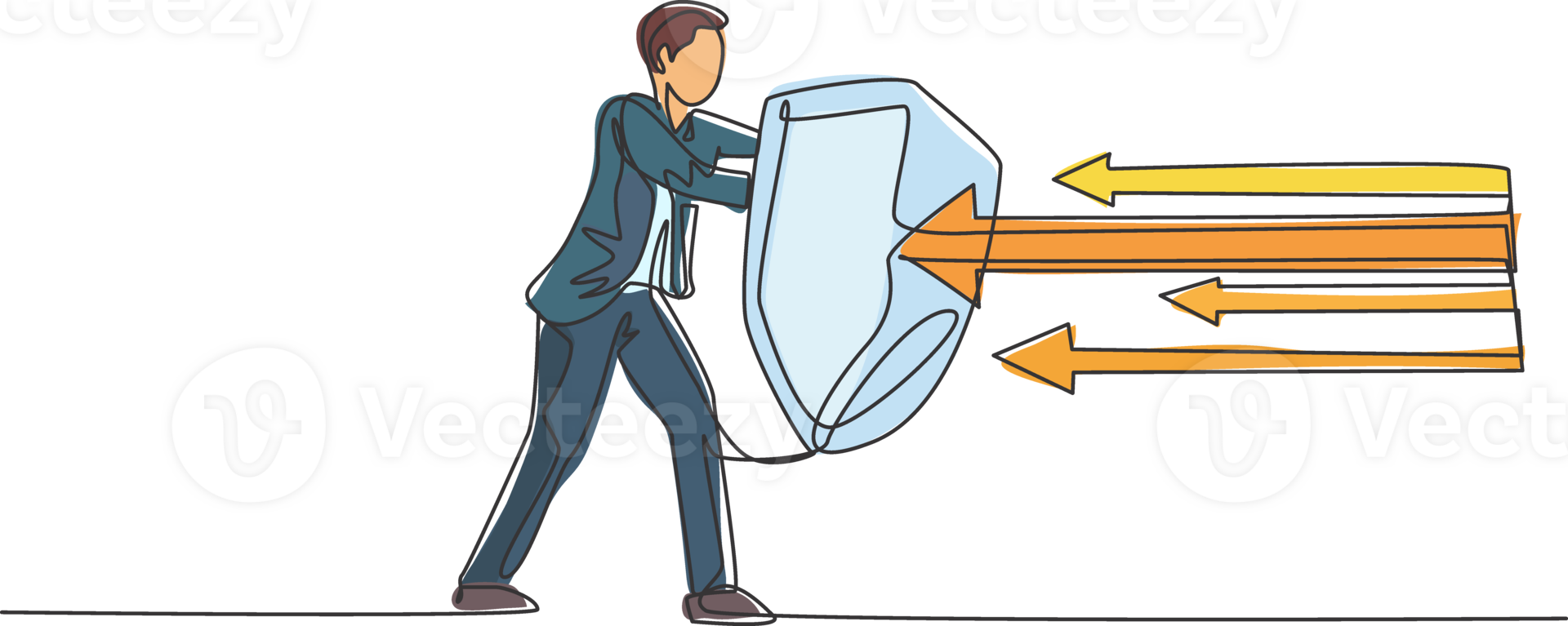 Continuous one line drawing of young handsome male worker holding arrows attack using shield. Success defensive strategy minimalist concept. Trendy single line draw design graphic illustration png