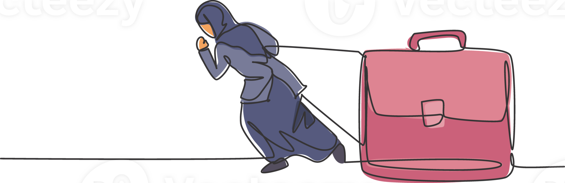 Continuous one line drawing of young female Arabic worker walking and pulling leather briefcase. Success business manager minimalist concept. Trendy single line draw design graphic illustration png
