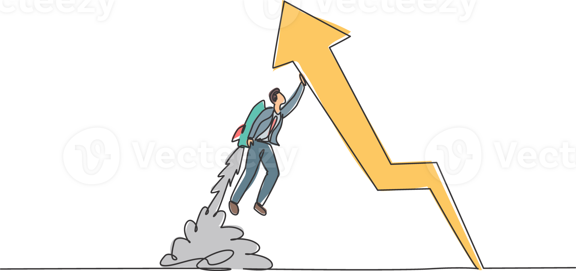 Continuous one line drawing young businessman flying with jetpack to straightening the up arrow symbol. Success business manager minimalist concept. Single line draw design graphic illustration png