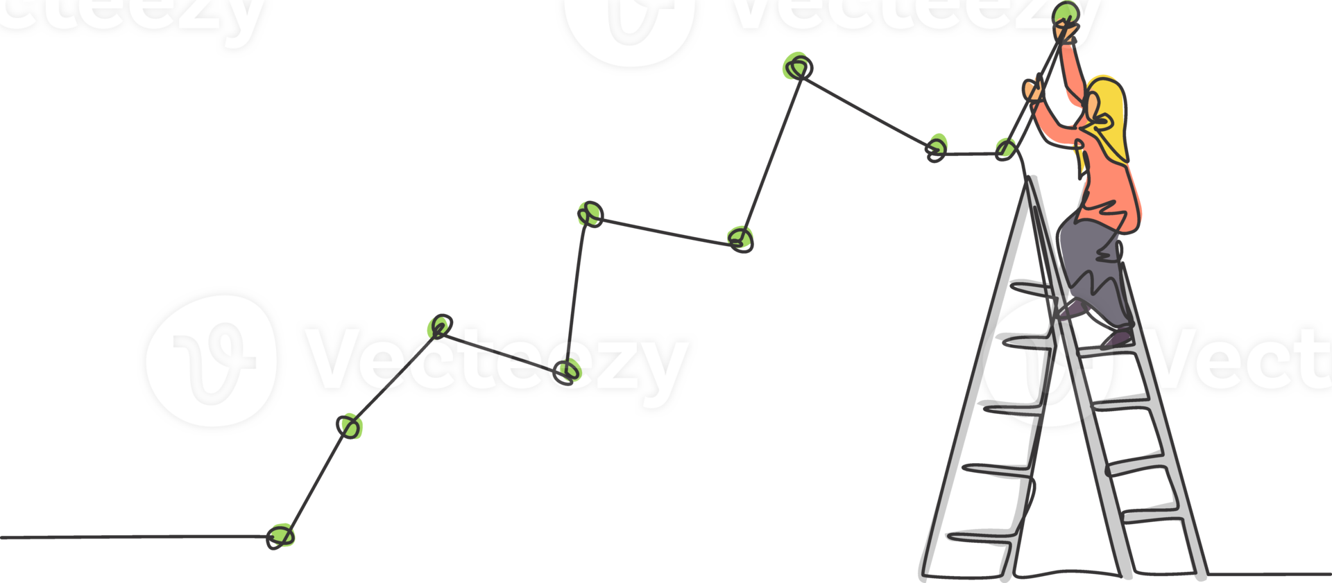 contínuo 1 linha desenhando jovem fêmea árabe trabalhador escalar escada acima para desenhar vendas linha gráfico crescimento relatório. sucesso Gerente minimalista conceito. solteiro linha desenhar Projeto gráfico ilustração png