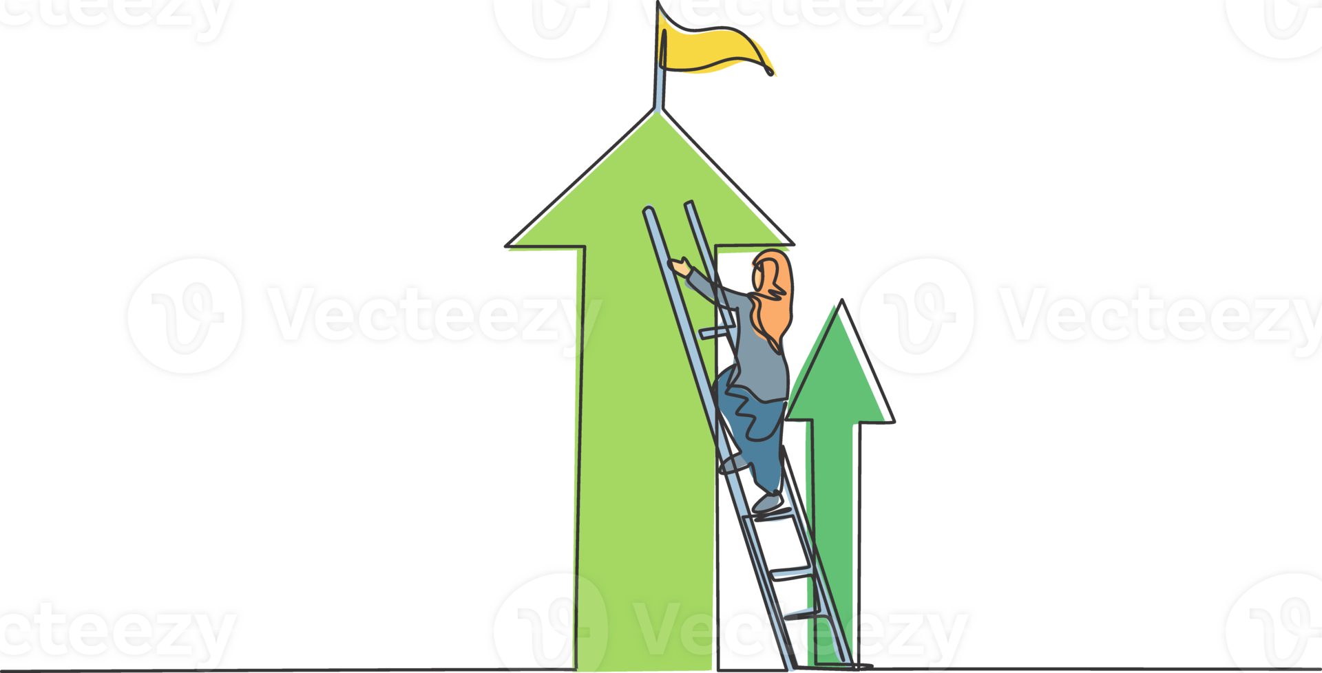 Continuous one line drawing of young female Arabic worker climb ladder to reach top of arrow symbol up. Success manager minimalist concept. Trendy single line draw design graphic illustration png