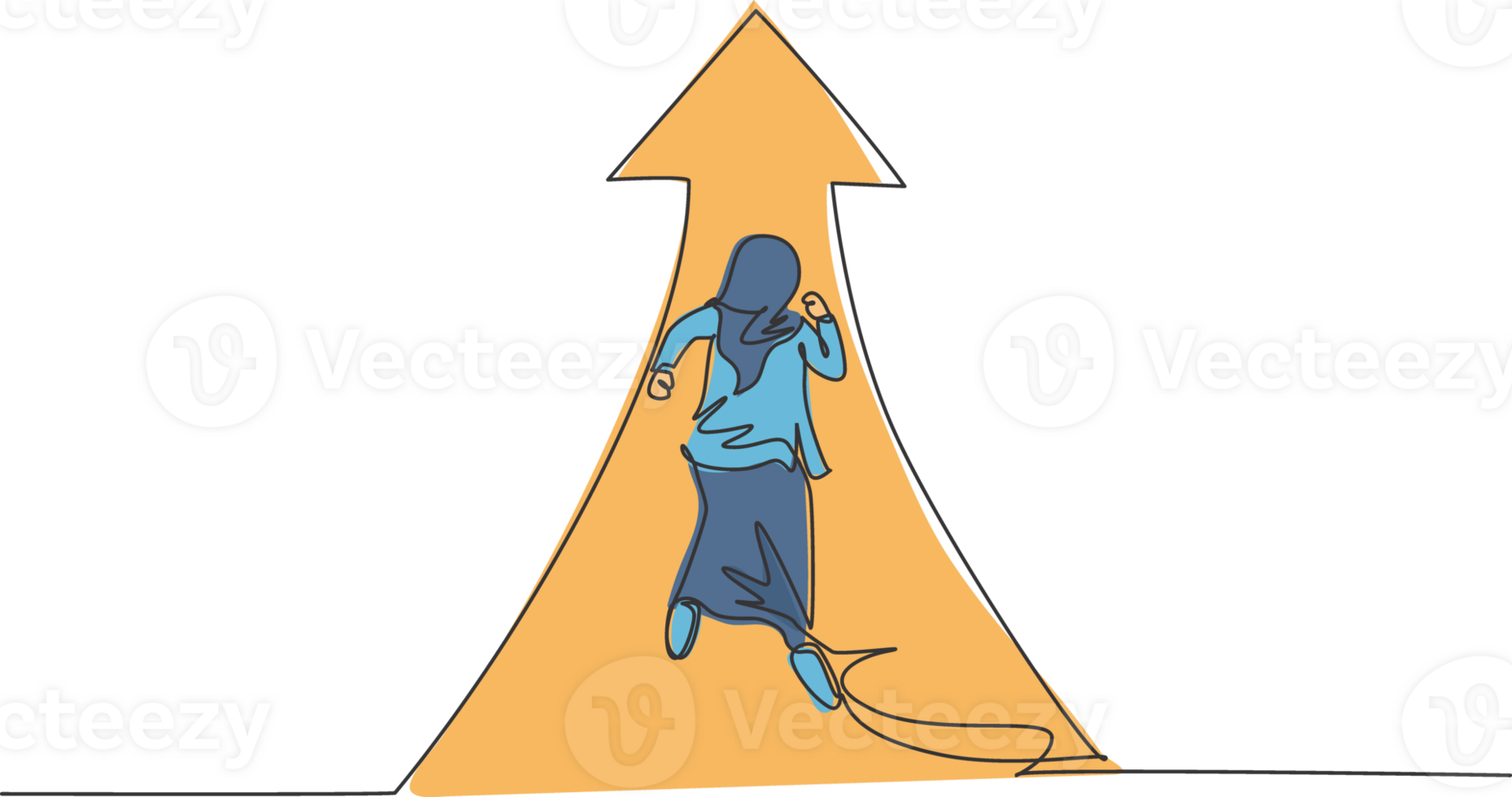 enda ett linje teckning ung smart arab företag kvinna löpning snabb på pil upp symbol till nå mål. företag tillväxt minimal begrepp. modern kontinuerlig linje dra design grafisk illustration png