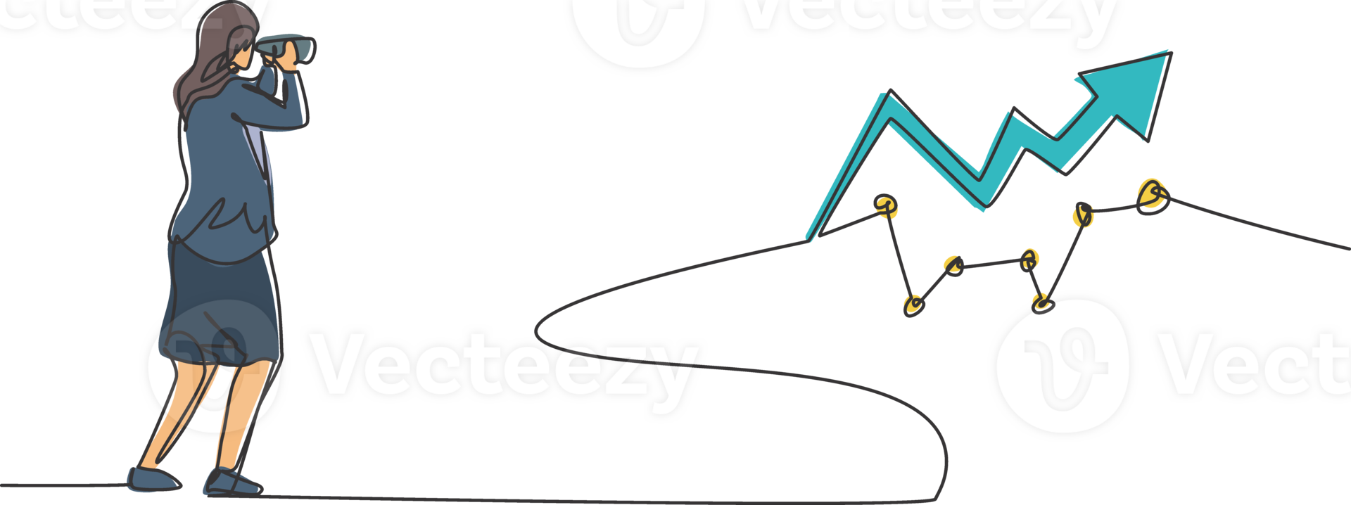 Single one line drawing of young smart businesswoman monitoring sales growth with binocular. Business finance growth minimal concept. Modern continuous line draw design graphic illustration png