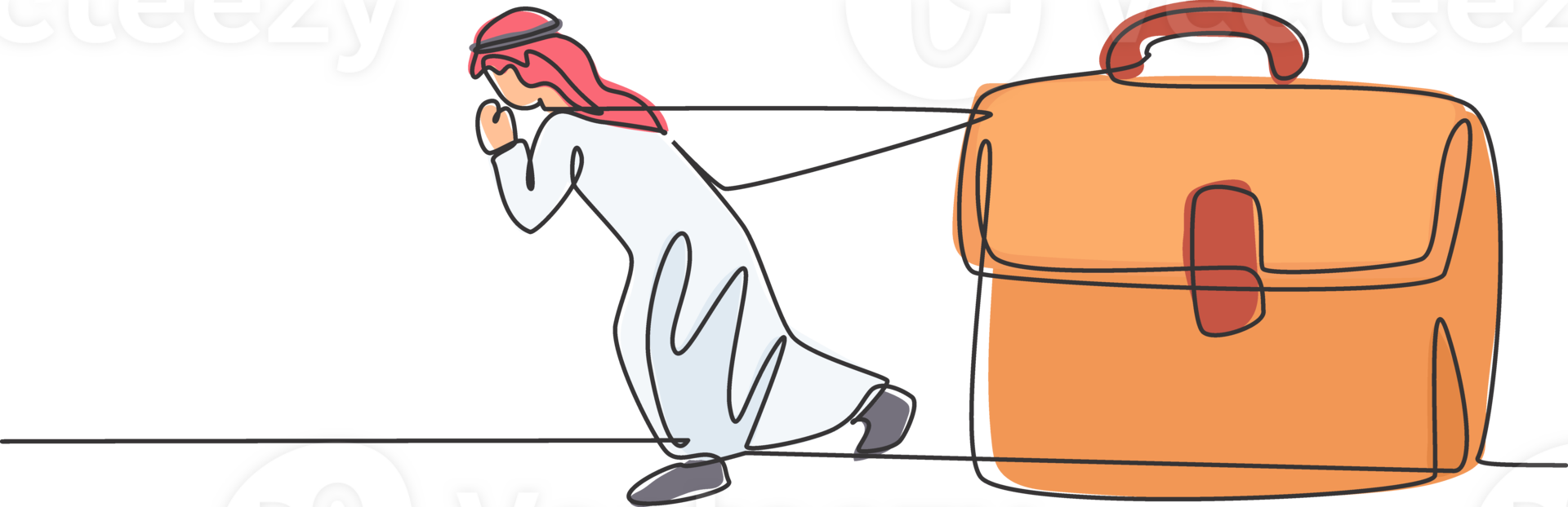 Continuous one line drawing of young Arab businessman pulling the leather briefcase. Business people hard work ethic minimalist concept. Trendy single line draw design graphic illustration png