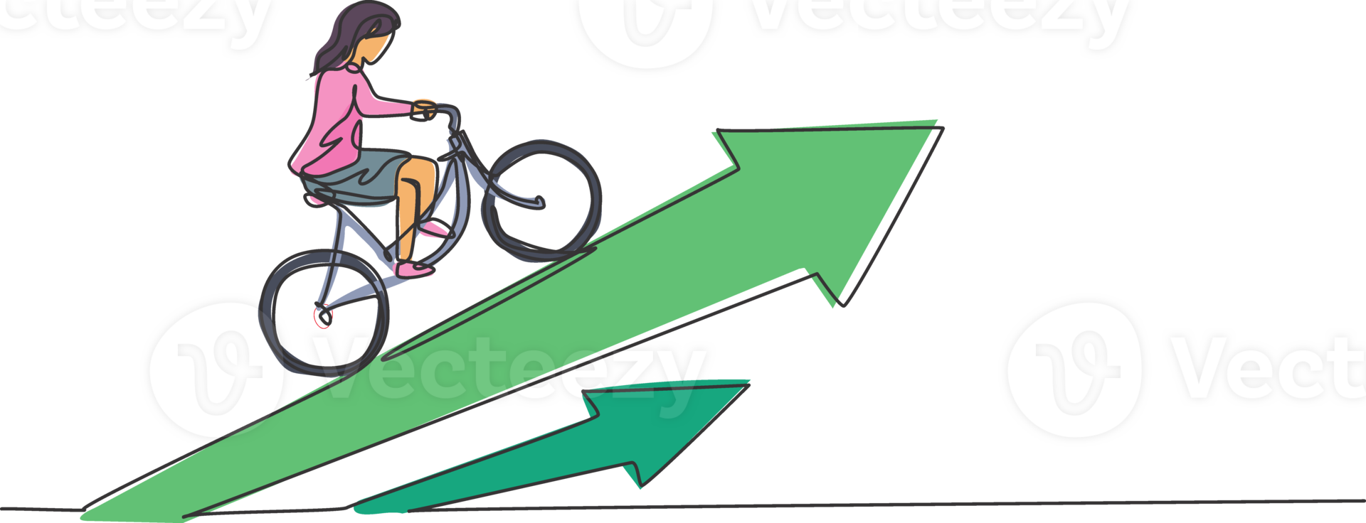 Single continuous line drawing of young beauty businesswoman ride bicycle up to increasing arrow. Professional hard worker. Minimalism concept dynamic one line draw graphic design illustration png