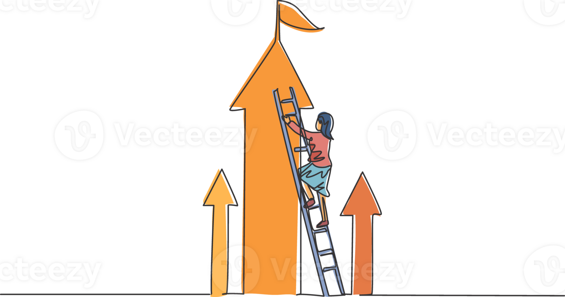 Continuous one line drawing of young female entrepreneur climb the ladder up to reach top arrow. Success business manager minimalist concept. Trendy single line draw design graphic illustration png