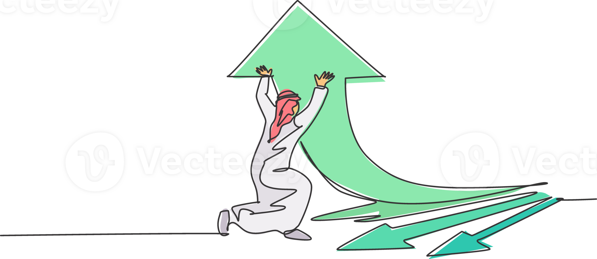 enda ett linje teckning av ung arabicum affärsman avleda, avvika, avlänka pil tecken vänder uppåt. Framgång företag tillväxt strategi minimal begrepp. modern kontinuerlig linje dra design grafisk illustration png