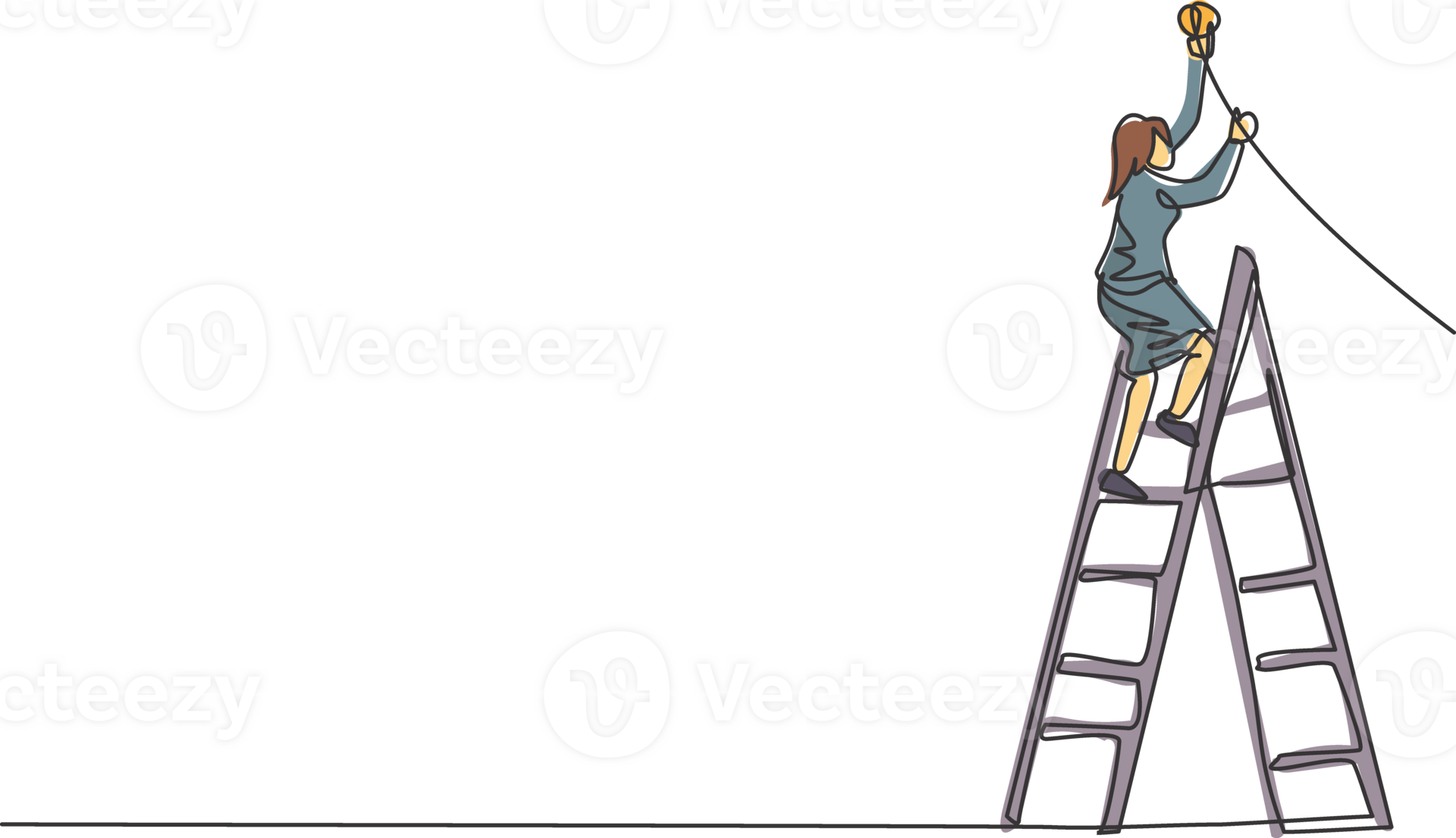 Continuous one line drawing of young female entrepreneur climb ladder