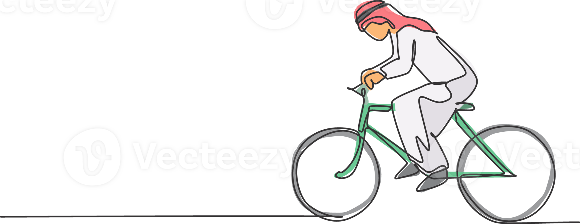 Single continuous line drawing of young Arabian businessman riding bicycle go to the office. Sporty professional worker. Minimalism concept dynamic one line draw graphic design illustration png