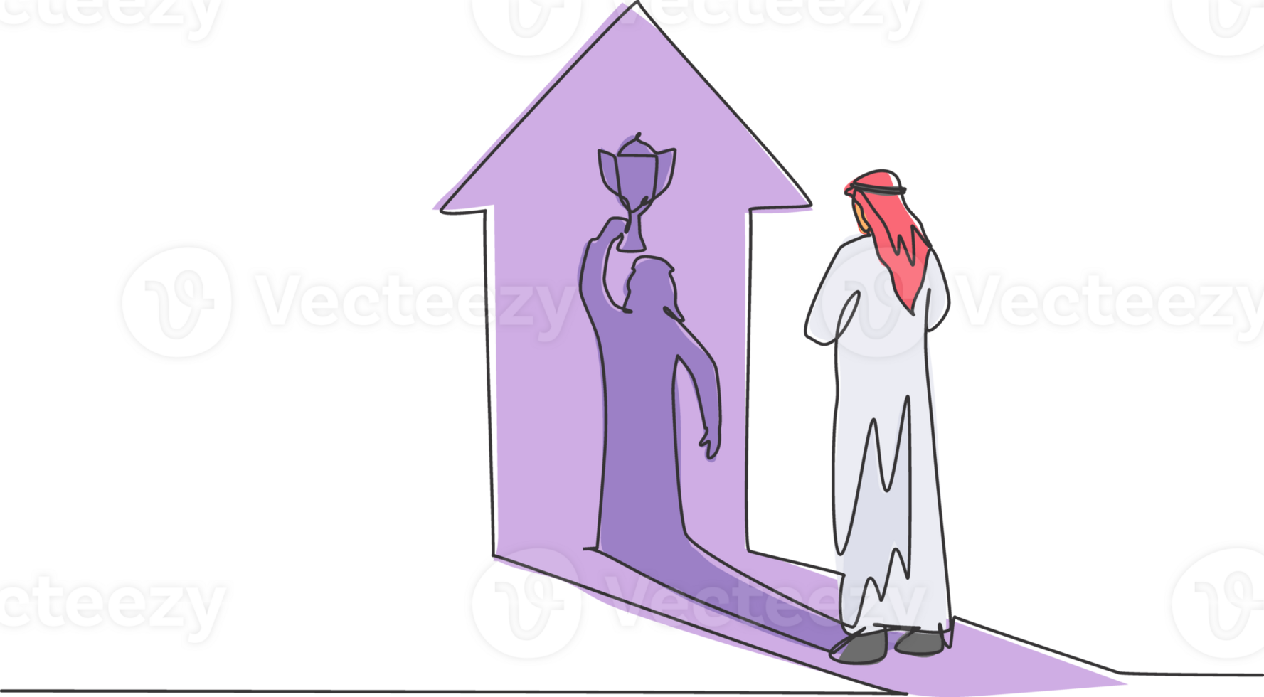 continuo uno linea disegno di giovane arabo uomo d'affari di fronte il suo ombra sollevamento il trofeo. attività commerciale vincente strategia minimalista concetto. di moda singolo linea disegnare design grafico illustrazione png