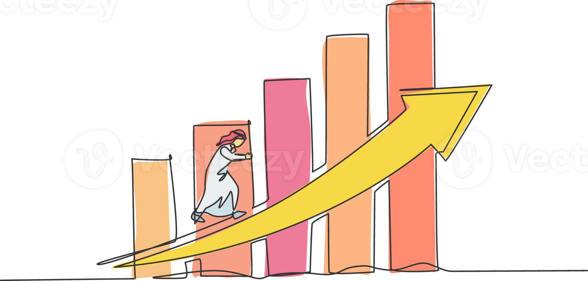 Continuous one line drawing of young Arab businessman climb the ladder up to pass the wall. Business solution metaphor minimalist concept. Trendy single line draw design graphic illustration png