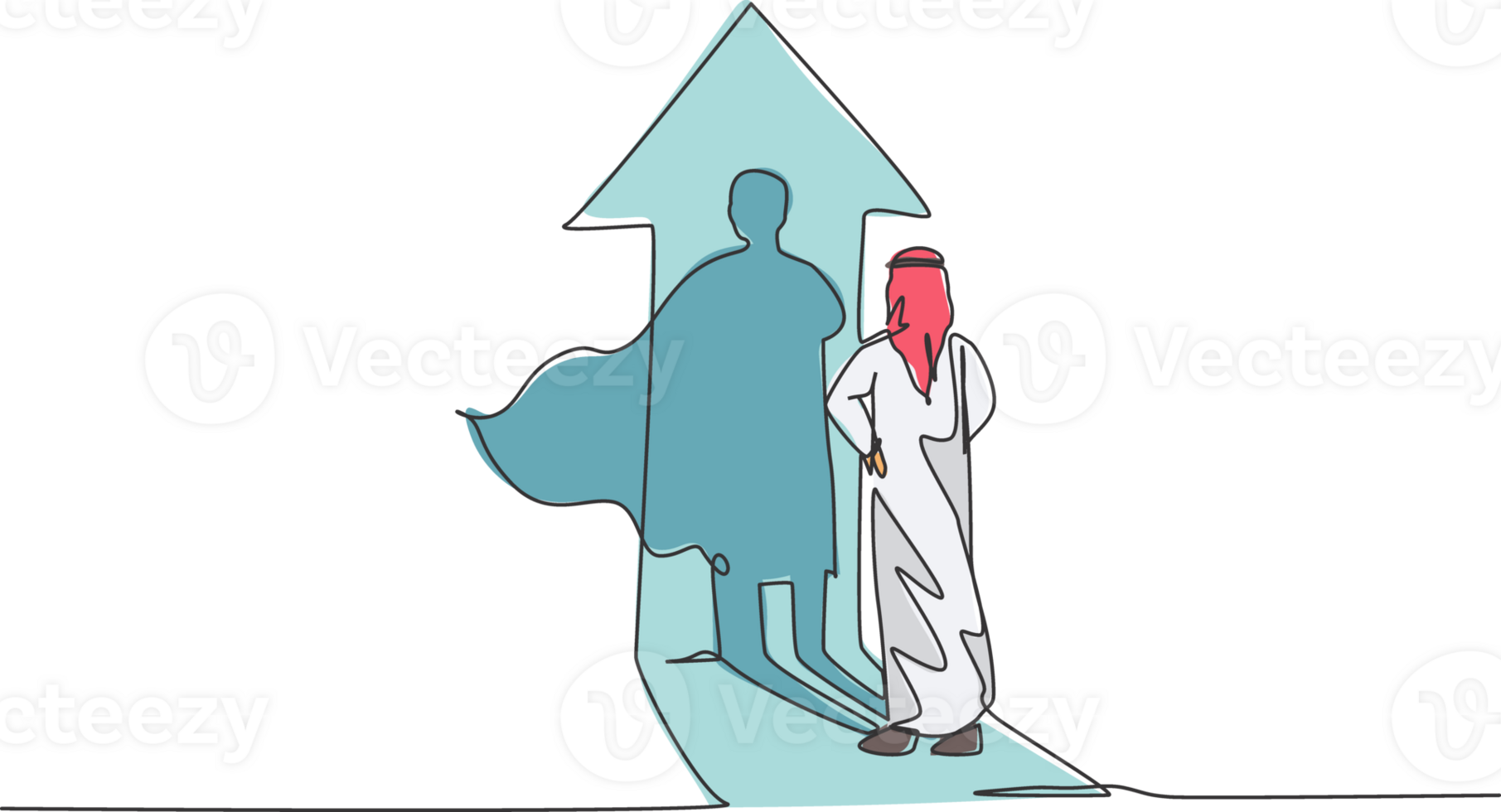 solteiro contínuo linha desenhando jovem árabe homem de negocios voltado para dele Super heroi sombra em acima seta placa. profissional trabalhador. minimalismo conceito dinâmico 1 linha desenhar gráfico Projeto ilustração png