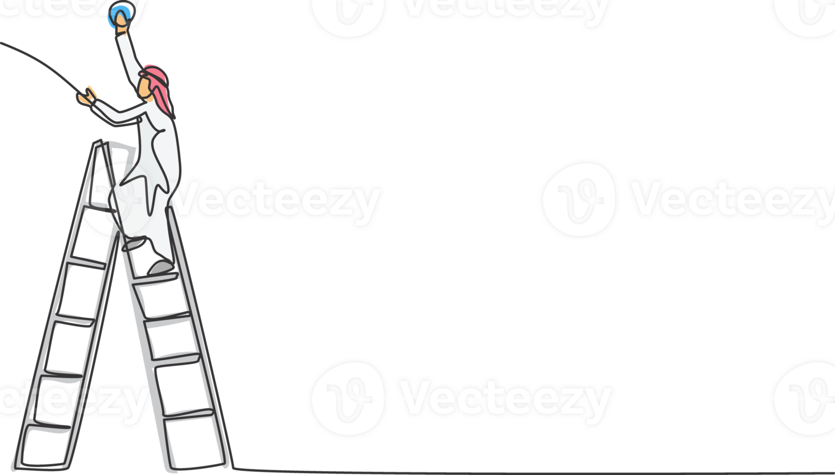 solteiro contínuo linha desenhando do jovem árabe faz-tudo escalar a escada acima para consertar uma lâmpada lâmpada. profissional trabalhador. minimalismo conceito dinâmico 1 linha desenhar gráfico Projeto ilustração png