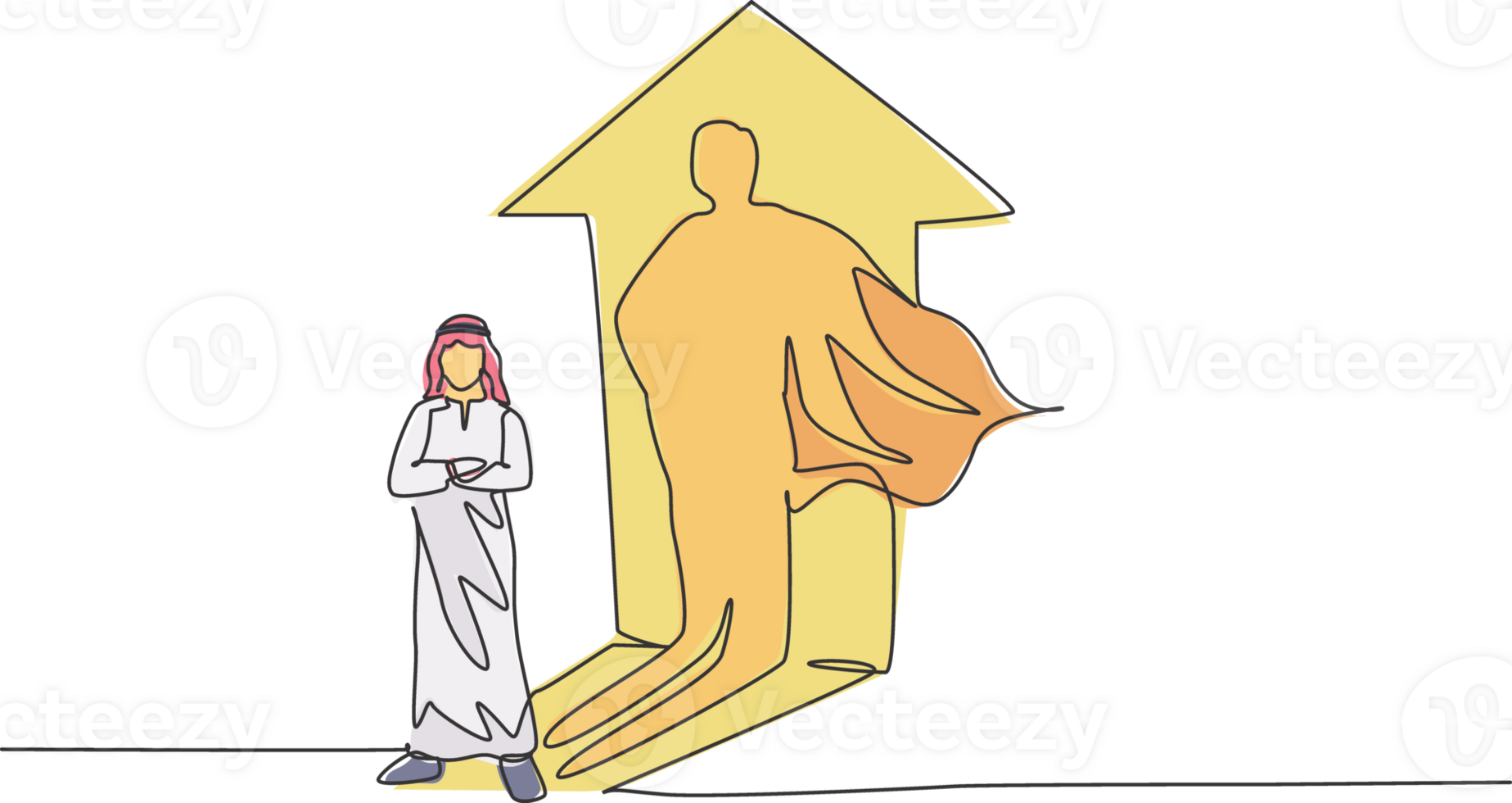 solteiro contínuo linha desenhando do jovem árabe homem de negocios em pé com super herói sombra em muro. profissional trabalhador. minimalismo conceito dinâmico 1 linha desenhar gráfico Projeto ilustração png