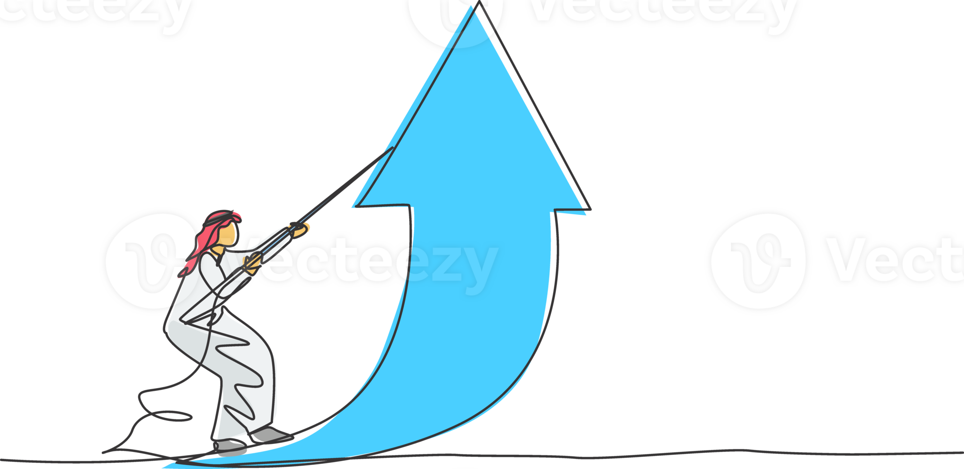 Continuous one line drawing young Arab businessman trying to lift arrow sign up using rope. Business financial increase minimalist concept. Trendy single line draw design graphic illustration png