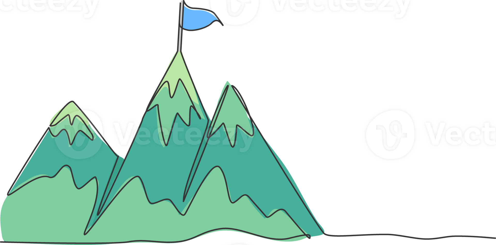 Single continuous line drawing mountains with target flag on the top. Reaching and climbing business goal on the hill top. Minimalism concept dynamic one line draw graphic design illustration png