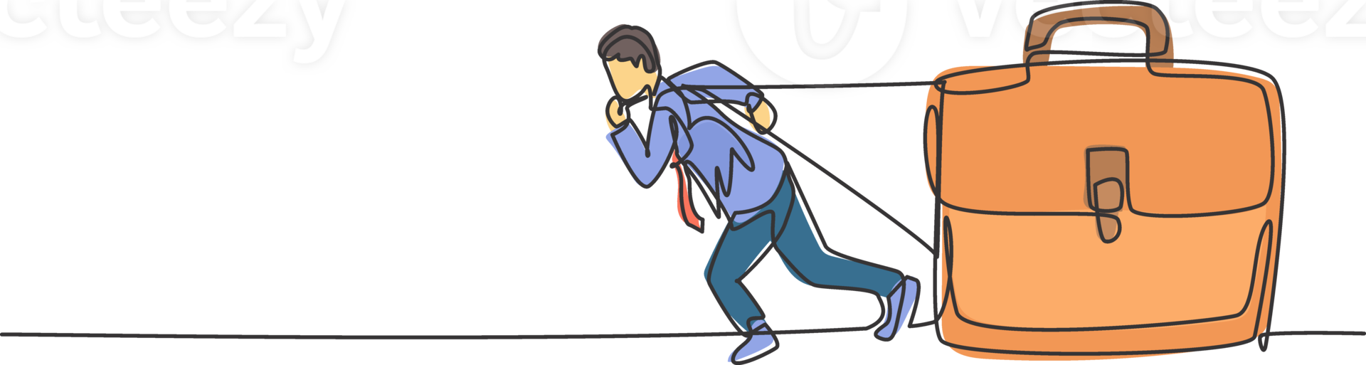 Single continuous line drawing of young businessman pulling giant briefcase metaphor. Professional businessman hard work. Minimalism concept dynamic one line draw graphic design illustration png