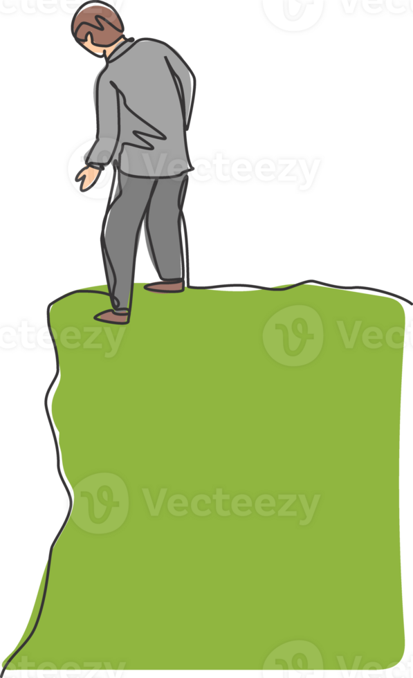 Single one line drawing of young smart business man looking down from