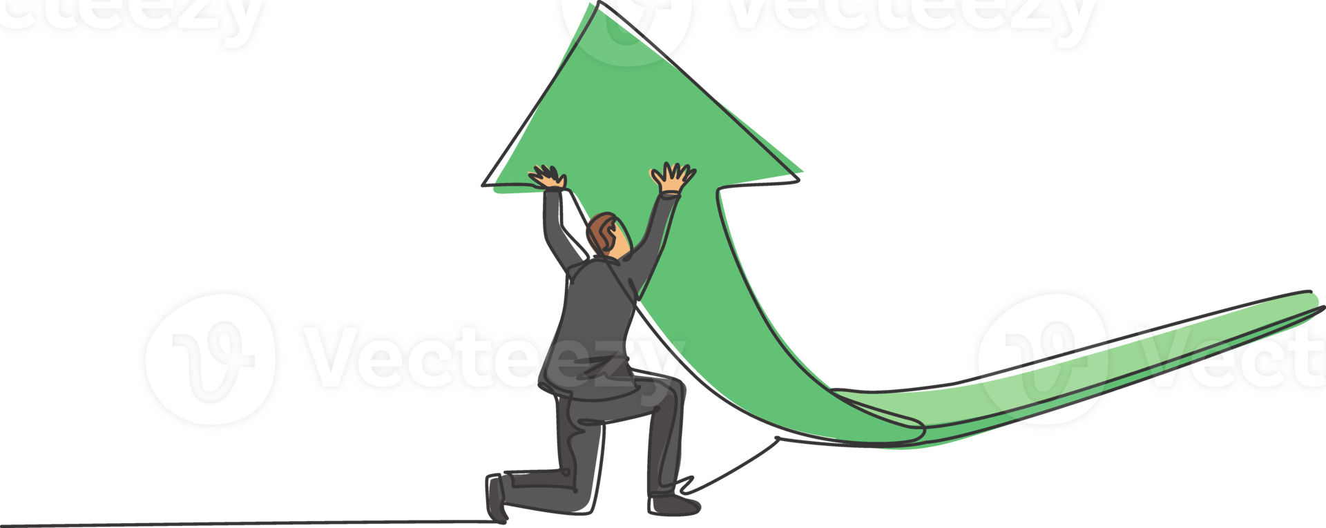 Continuous one line drawing of young male worker lifting the rising financial arrow graph up. Success business manager minimalist concept. Trendy single line draw design graphic illustration png