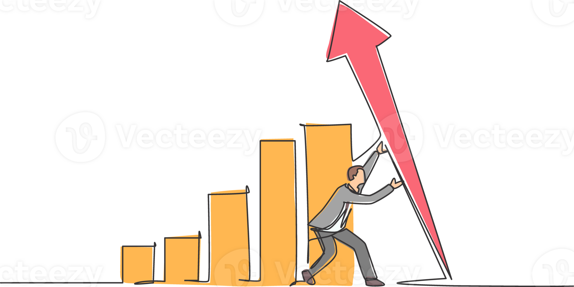 Single one line drawing of young smart business man lifting the finance graph bar up. Business financial market growth minimal concept. Modern continuous line draw design graphic illustration png