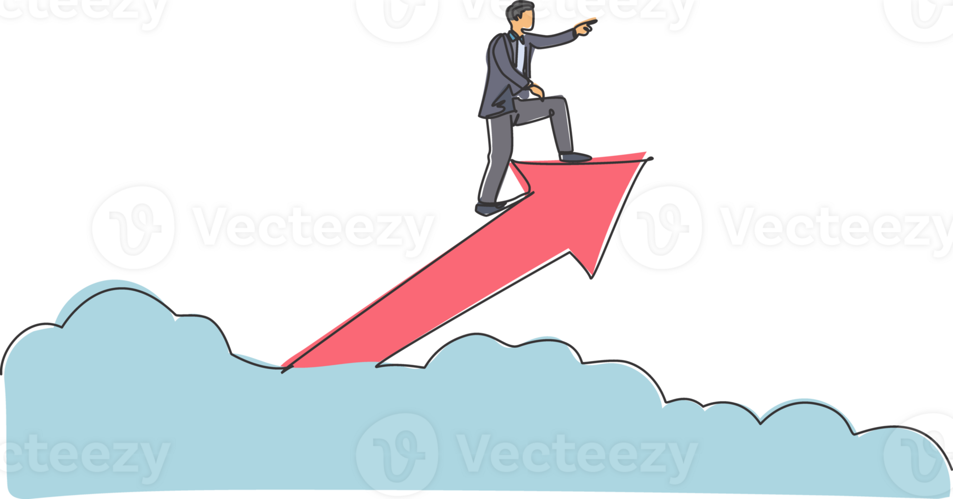 Single continuous line drawing young male worker riding arrow sign up through the cloud and sky. Professional businessman. Minimalism concept dynamic one line draw graphic design illustration png