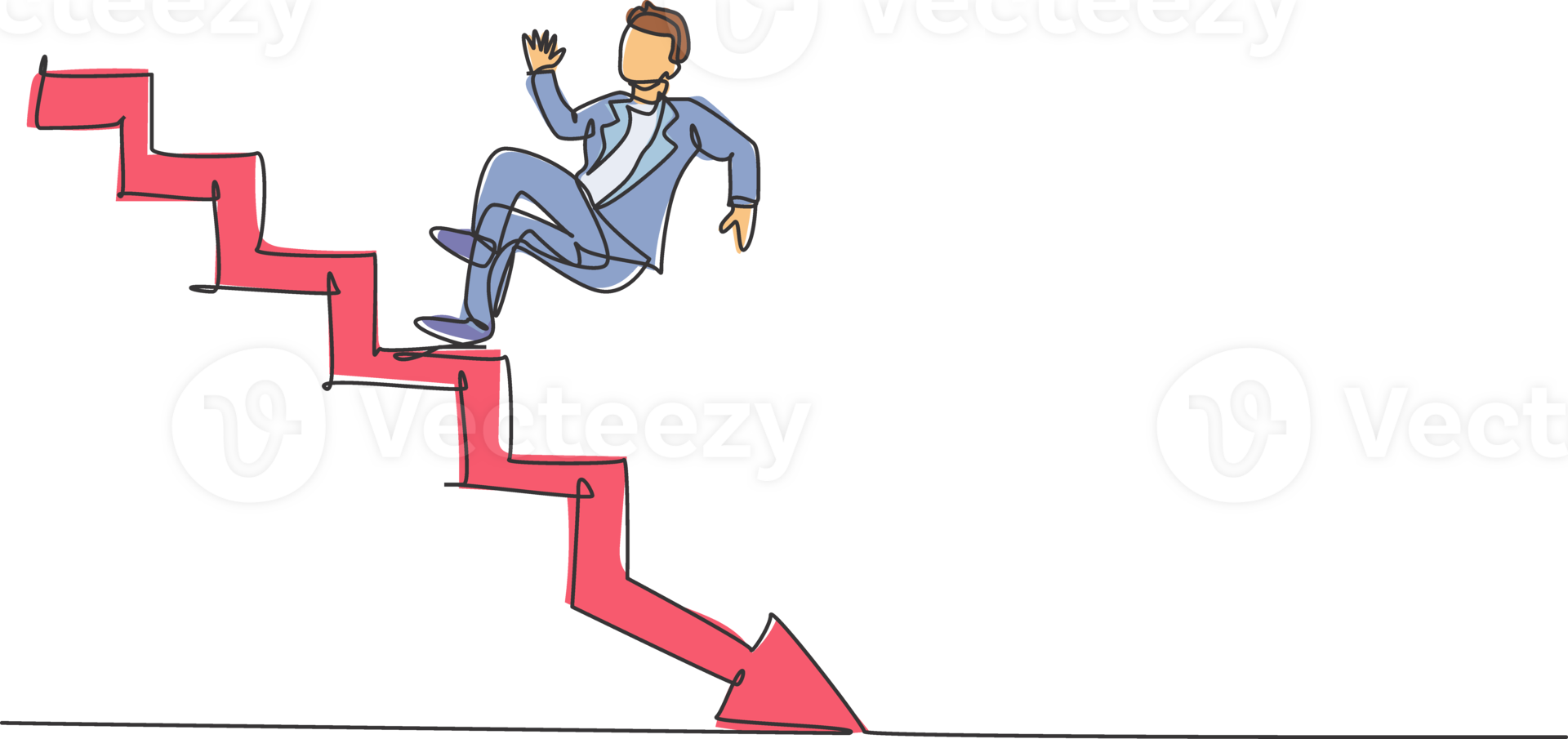 Single continuous line drawing of young business man slip down from up stairs to down floor. Broke professional businessman. Minimalism concept dynamic one line draw graphic design illustration png