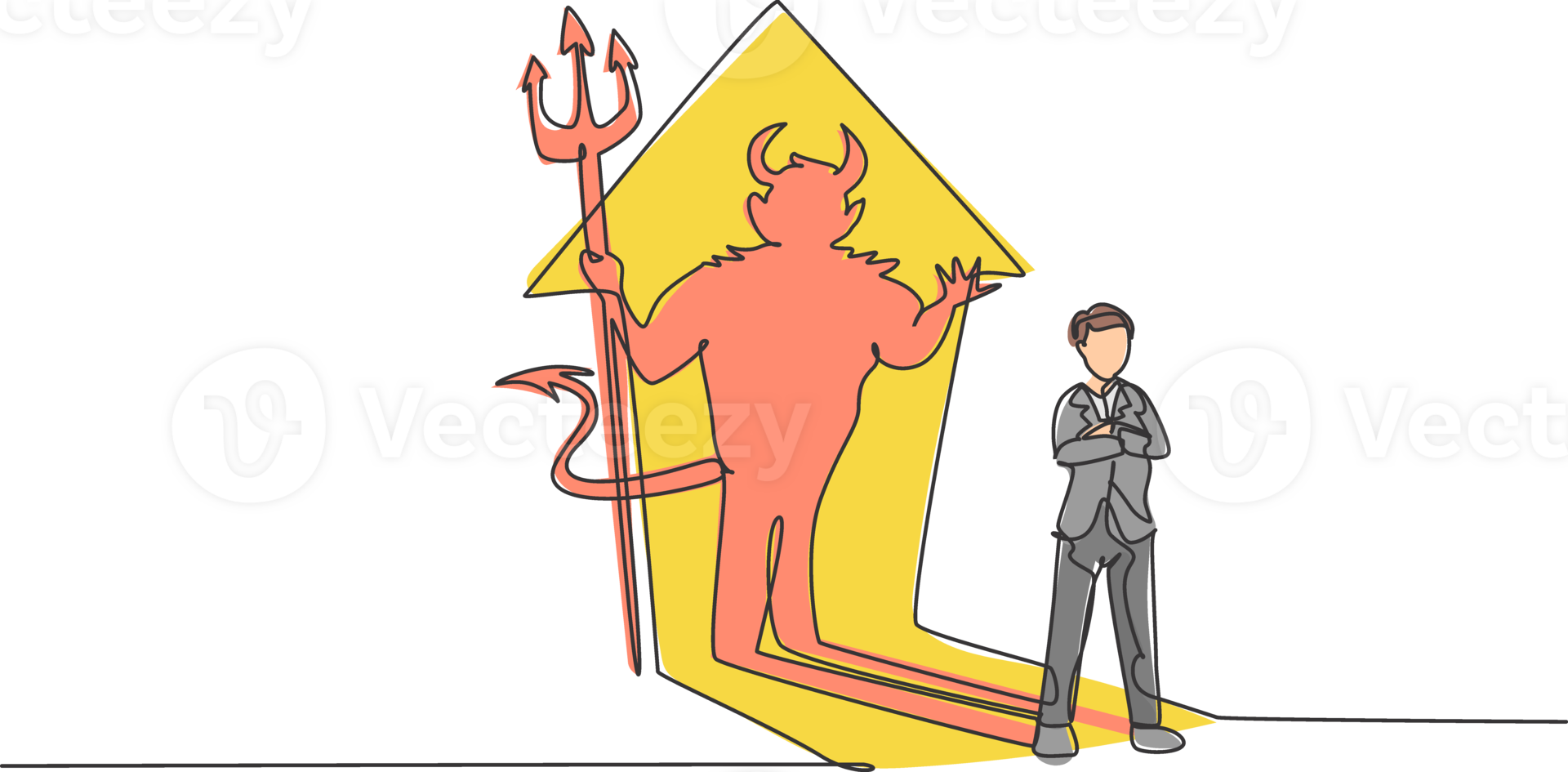 Continuous one line drawing of young evil businessman standing with devil shadow at behind. Bad business manager minimalist concept. Trendy single line draw design graphic illustration png