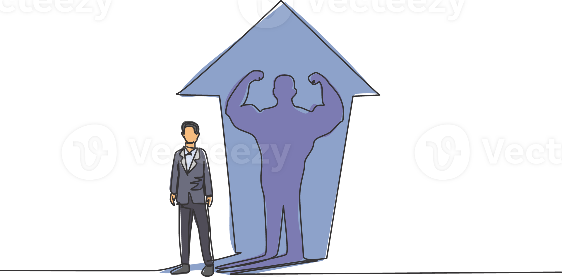 Continuous one line drawing young male worker with muscular body shadow behind him. Strong and success business manager minimalist concept. Trendy single line draw design graphic illustration png