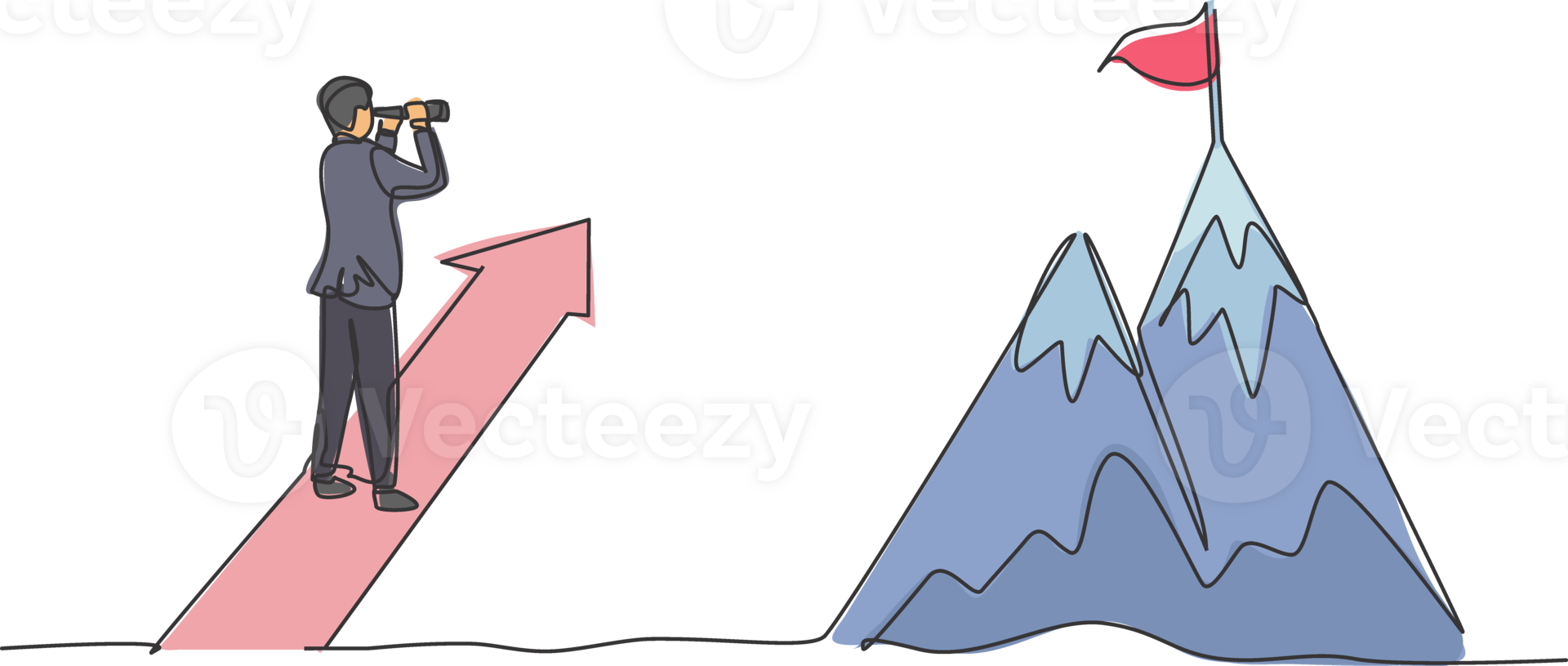 Single one line drawing of young smart business man looking top mountain from up arrow sign. Business financial growth minimal concept. Modern continuous line draw design graphic illustration png