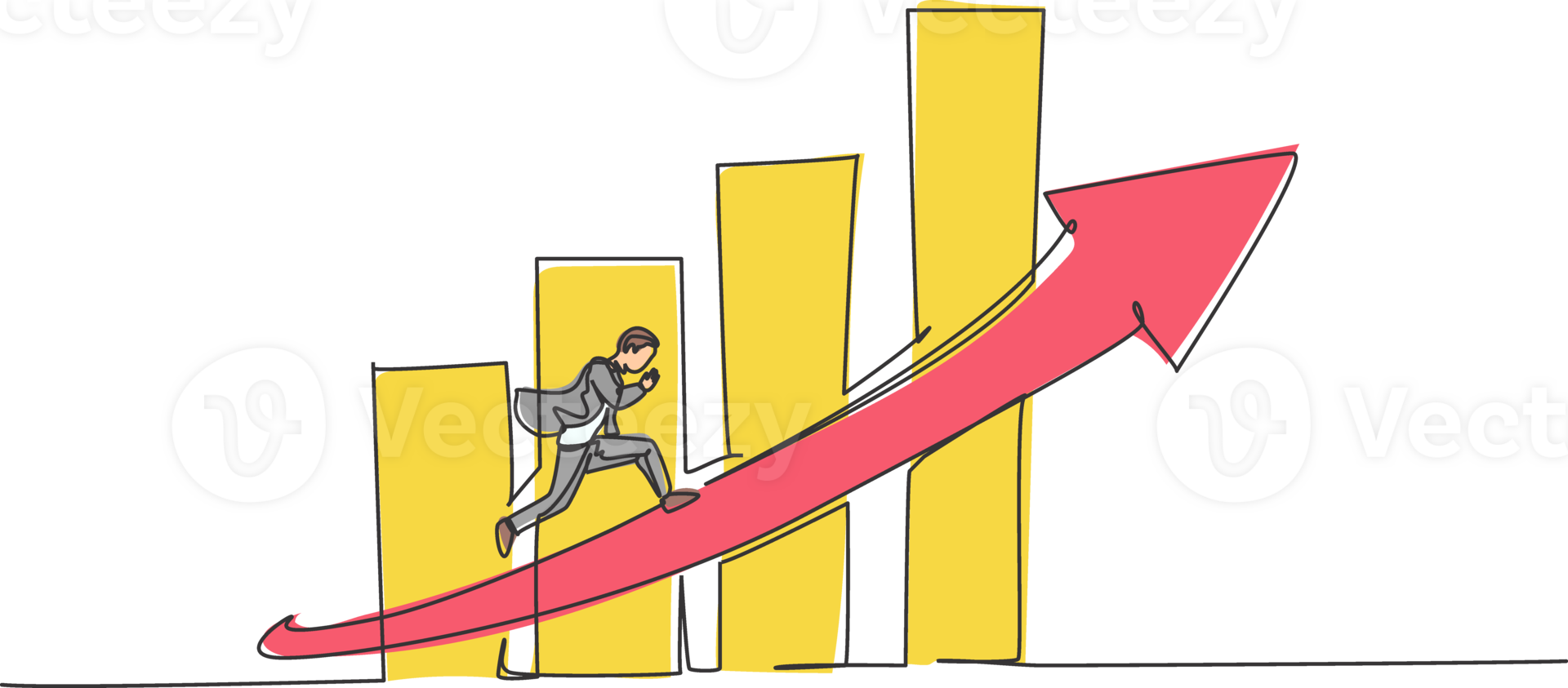 Single continuous line drawing of young worker running fast on increasing arrow sign. Professional businessman work ethic. Minimalism concept dynamic one line draw graphic design illustration png