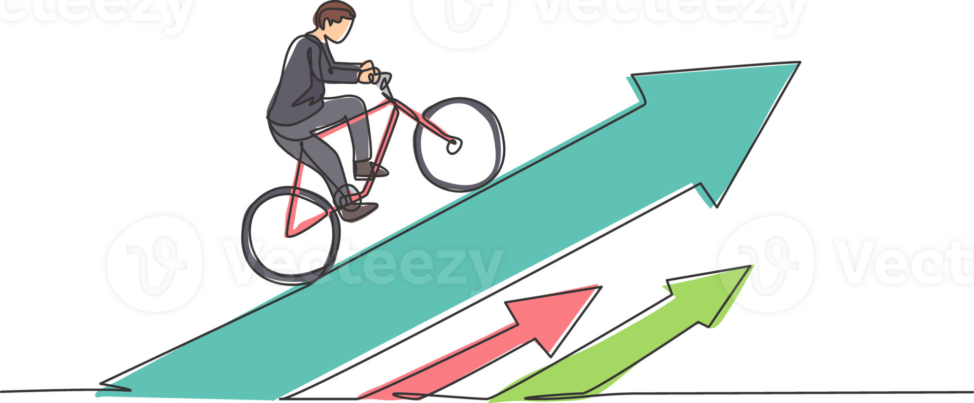 Continuous one line drawing young male worker climb the arrow sign up riding bicycle. Success business manager work ethic minimalist concept. Trendy single line draw design graphic illustration png