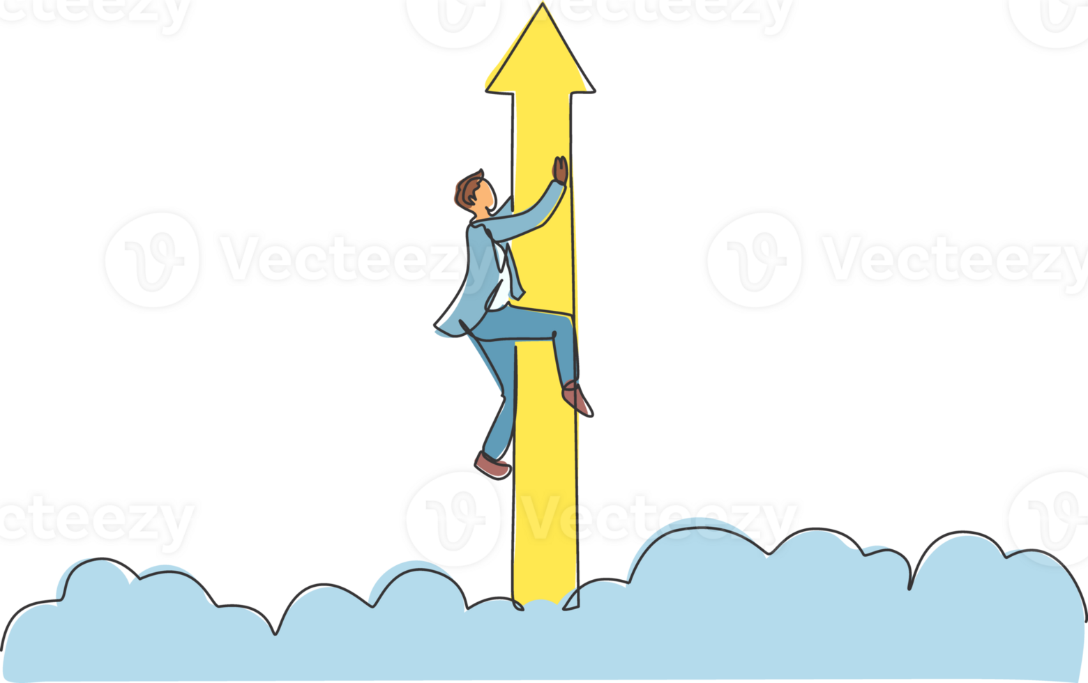 Single one line drawing young business man holding the flying up arrow sign through the cloud. Business market growth minimal concept. Modern continuous line draw design graphic illustration png