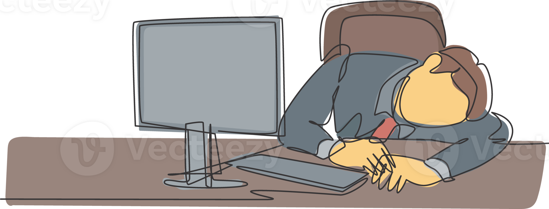 Single continuous line drawing of young sleepy startup CEO fall asleep on work desk while he was reading. Work overload fatigue at the office concept one line draw design graphic illustration png