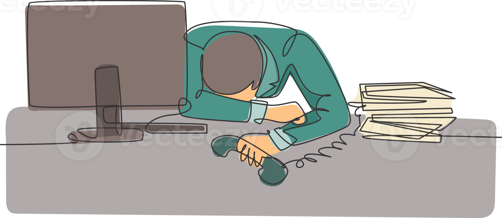 Single continuous line drawing of young despair manager give up answering phone call and cover his face on the desk. Work overload at the office concept one line draw design illustration png