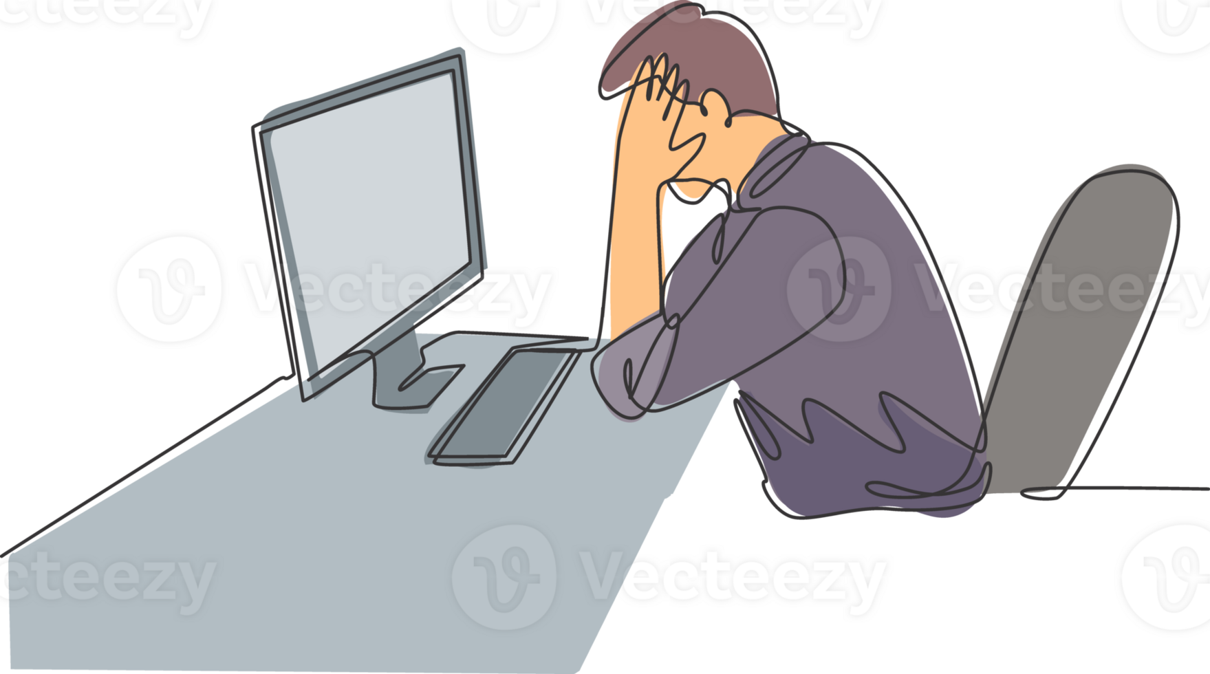 Single continuous line drawing of young tired company worker covering his face with hand after read financial annual report. Work fatigue at the office concept one line draw design illustration png