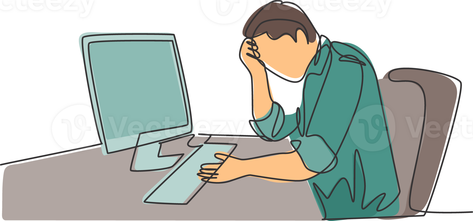 Single continuous line drawing of young tired businessman feel dizzy while he is working at office. Work fatigue after overload job concept. Trendy one line draw design graphic illustration png