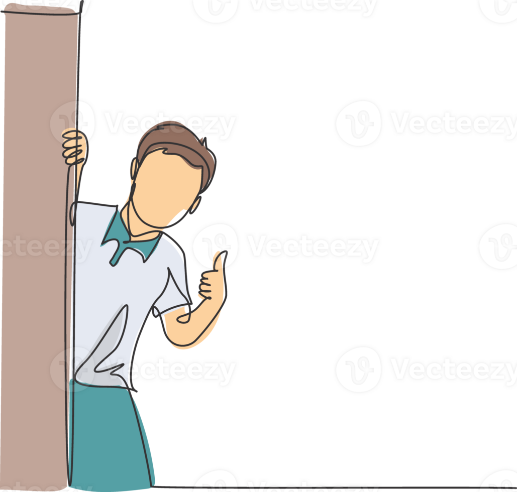 One line drawing of young happy student boy school student appeared from behind the wall and giving thumbs up gesture. Education concept continuous line draw design graphic illustration png