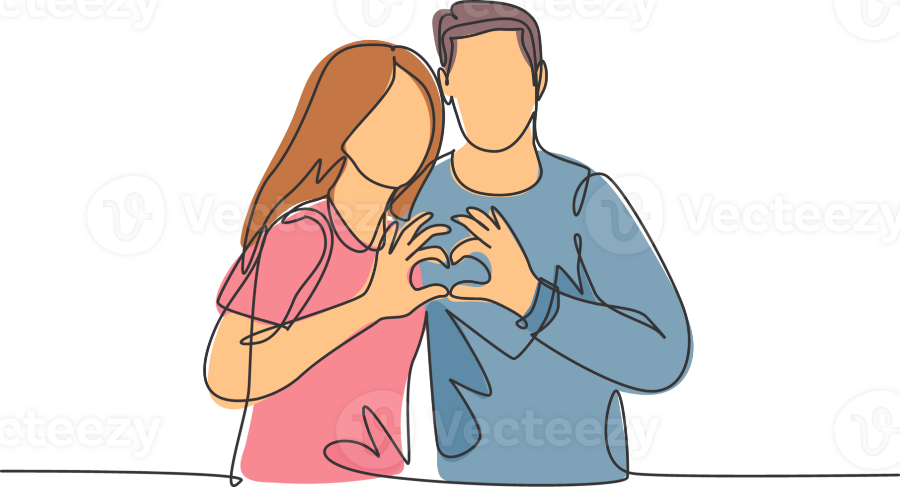 One continuous line drawing of young happy man and woman couple hands forming heart shape together. Romantic engaged anniversary concept. Modern single line draw design graphic illustration png