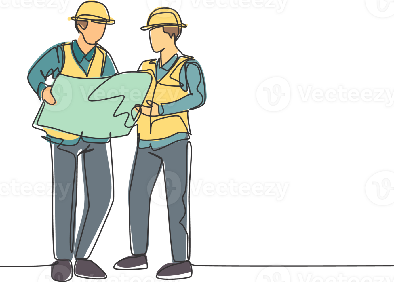 One continuous line drawing of young architect explaining building design blueprint to contractor. Construction business planning concept. Modern single line draw graphic design illustration png
