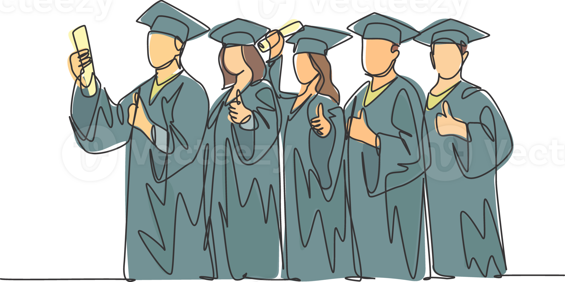 un ligne dessin groupe de Jeune content diplômé Masculin et femelle Université étudiant portant robe et en portant diplôme certificat papier. éducation concept continu ligne dessiner conception illustration png