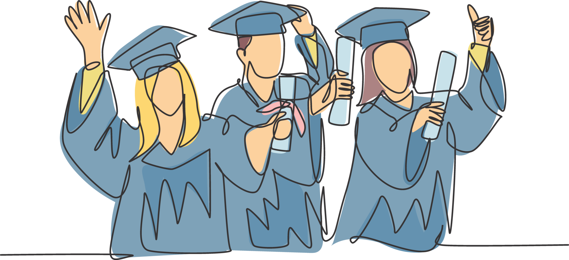 One line drawing group of young happy graduate male and female college