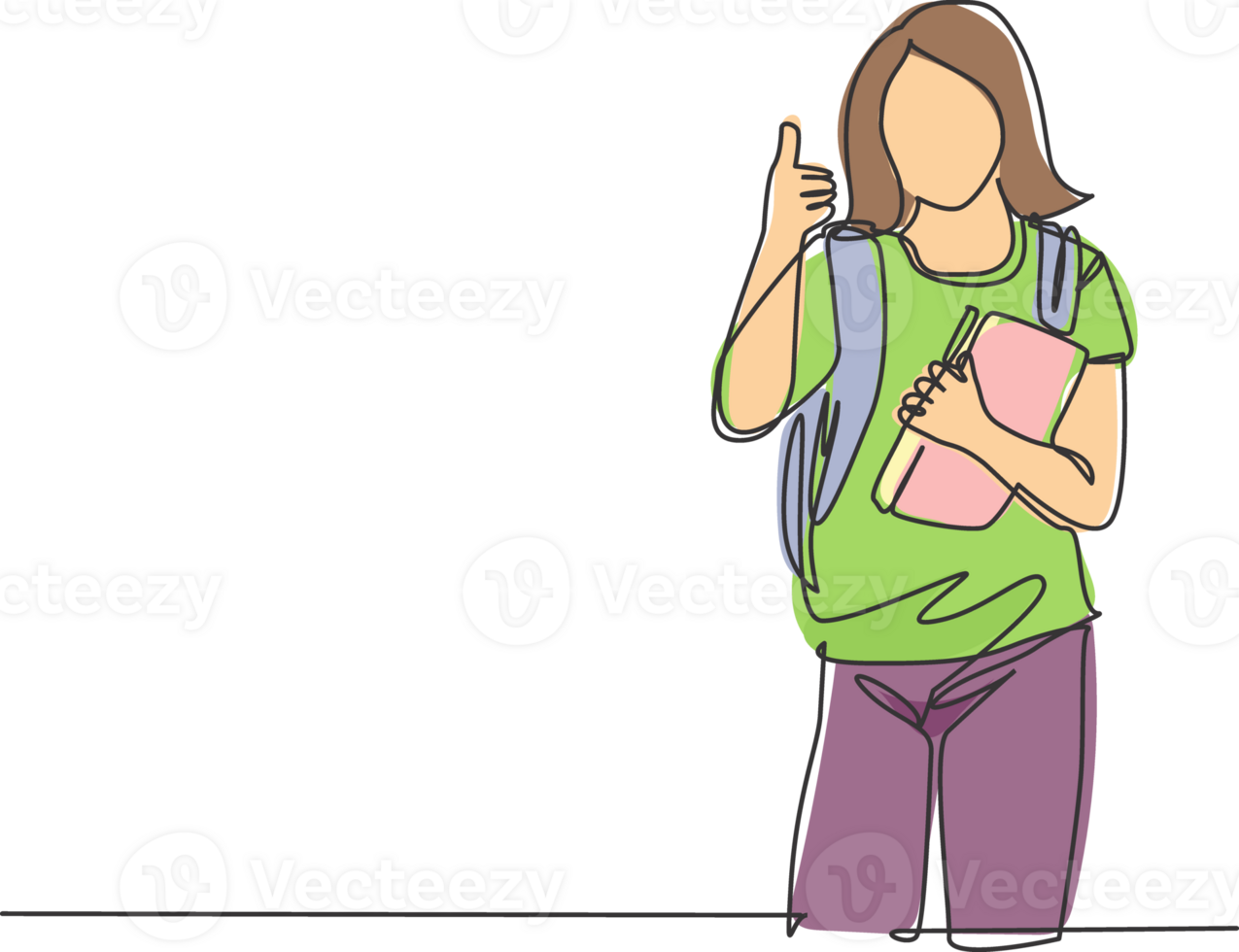 One line drawing of young beauty elementary school girl student holding book and school bag while gives thumb up gesture. Education concept continuous line draw design graphic illustration png