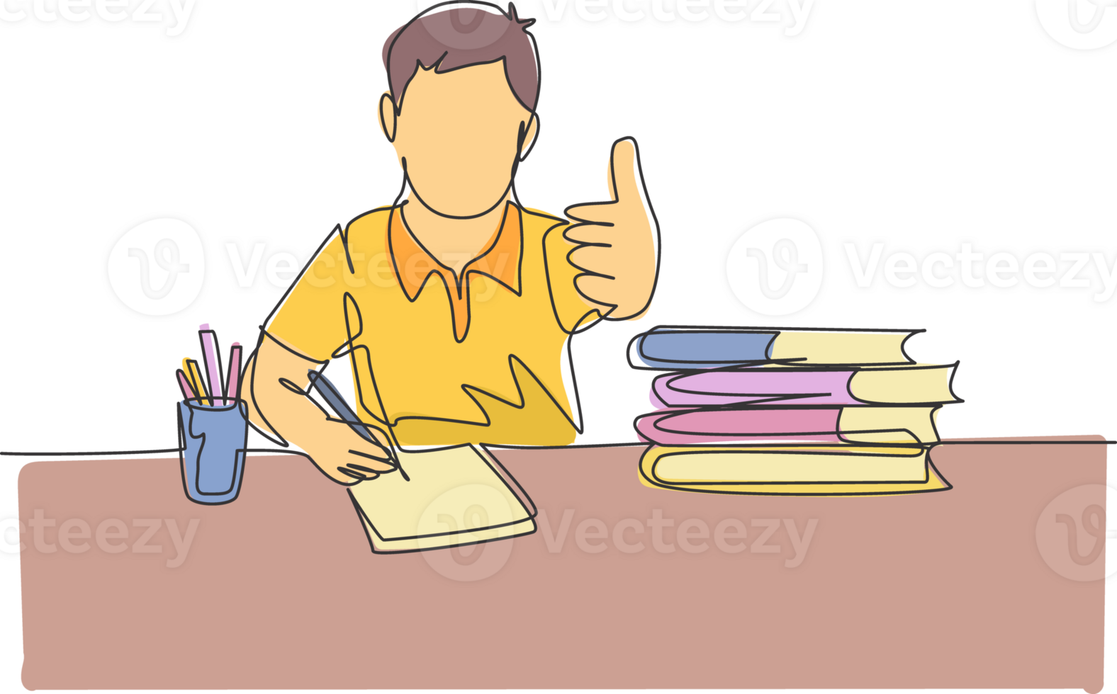 One line drawing of young happy boy student study diligently beside the stack of books and giving thumbs up gesture. Education concept continuous line graphic draw design illustration png