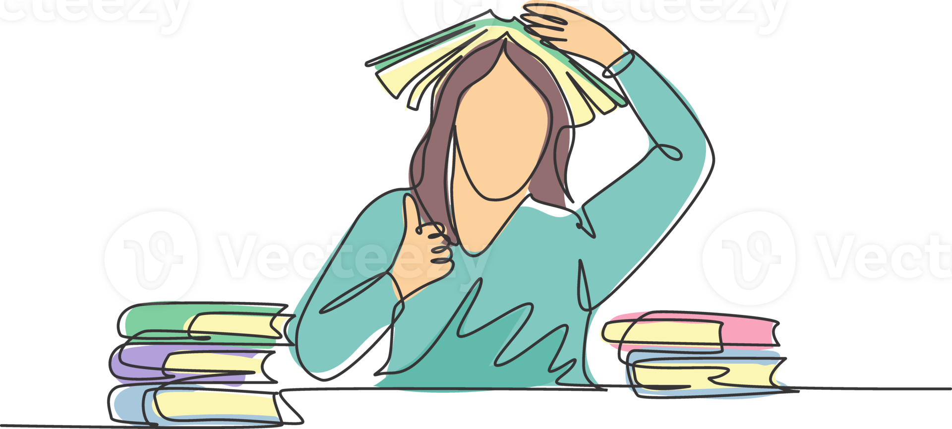 One line drawing of young bored female student read stack of books in library and put the book on her head and gives thumb up gesture. Education concept continuous line draw design illustration png