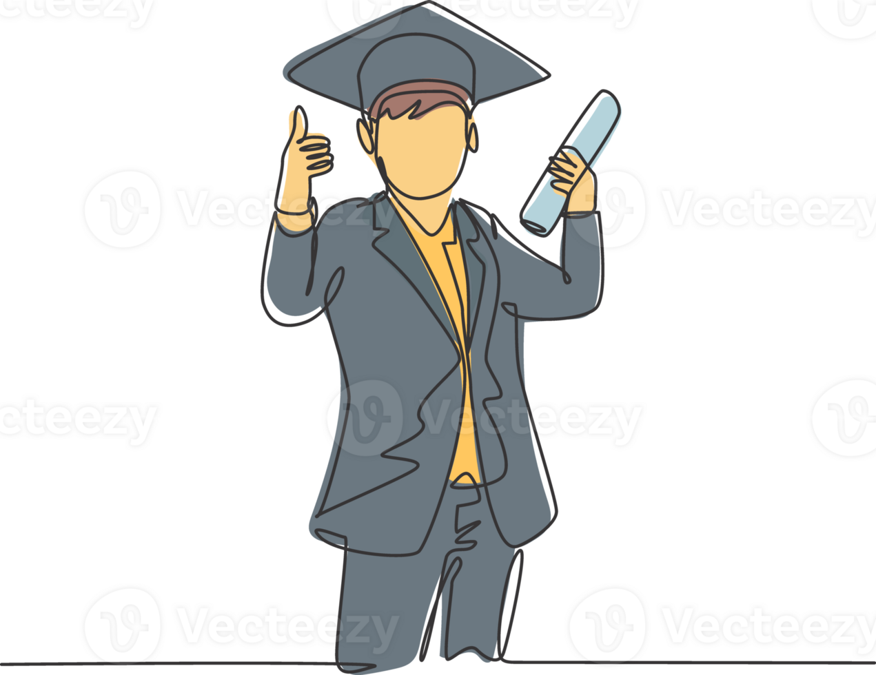 One line drawing of young happy boy student wearing graduation hat and giving thumbs up gesture while holding graduation paper roll. Education concept continuous line draw design illustration png