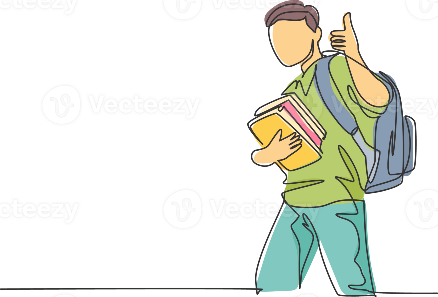 One line drawing of young happy elementary school boy student carrying stack of books and giving thumbs up gesture. Education concept continuous line draw design illustration png