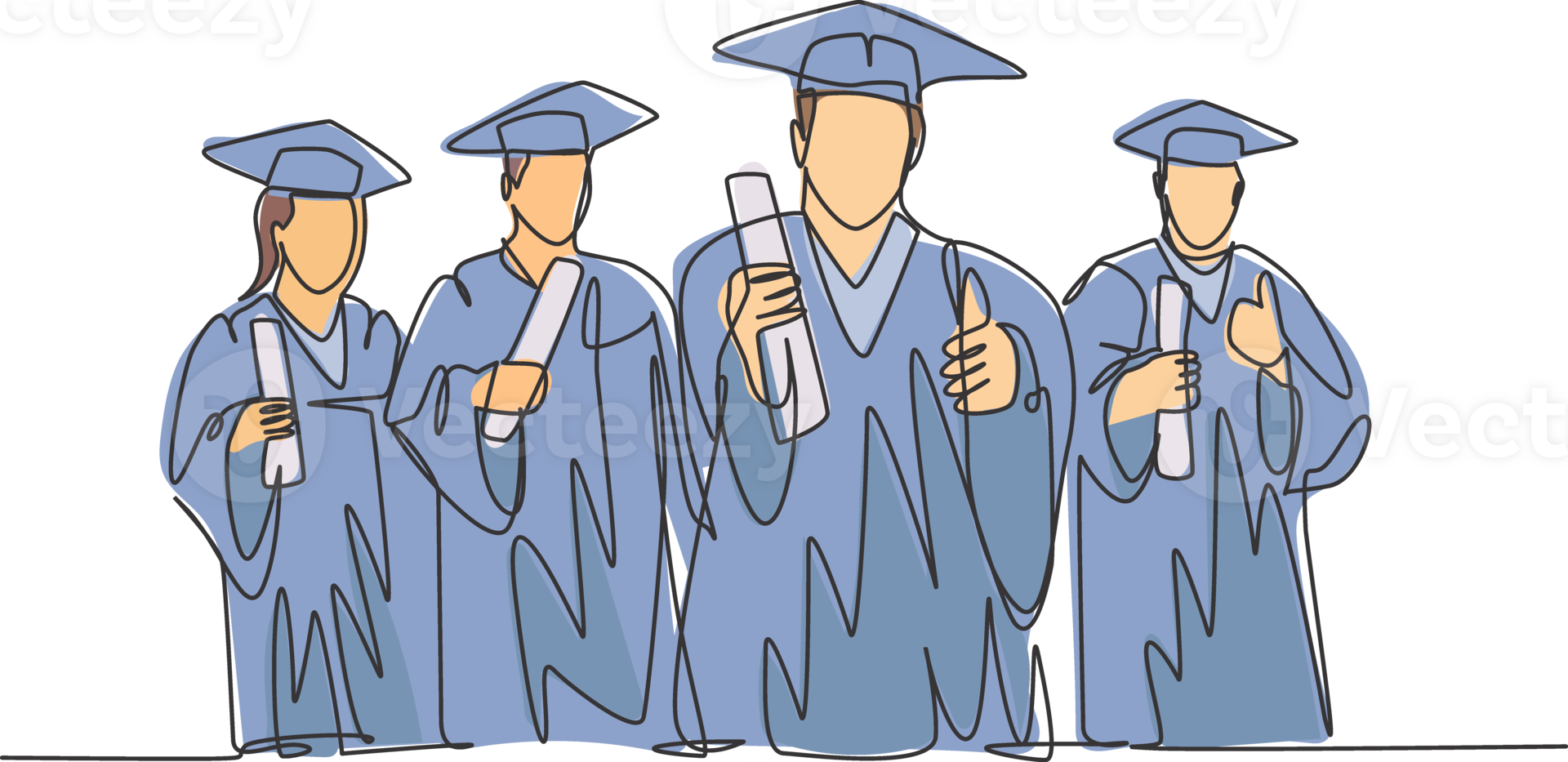 One line drawing group of young happy graduate male and female college student wearing gown and holding diploma certificate paper. Education concept continuous line draw design illustration png