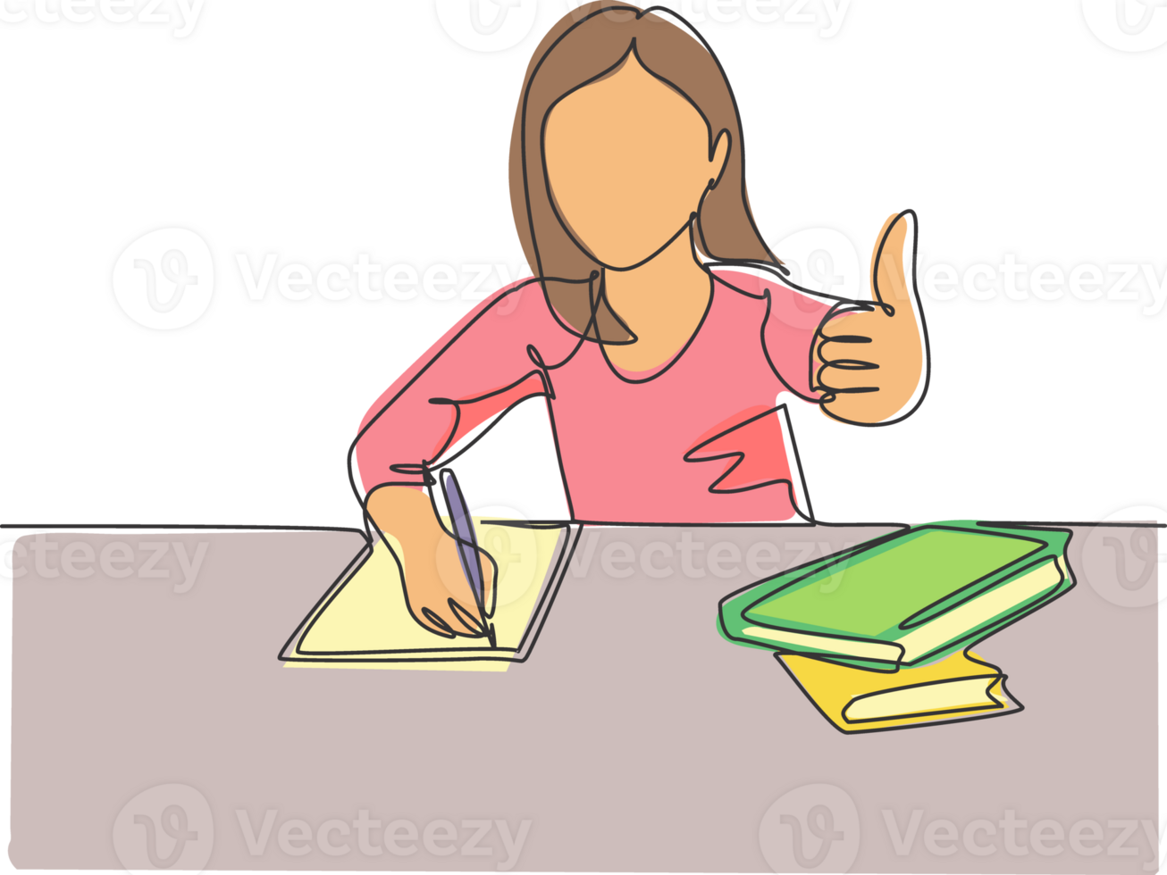 One line drawing of young happy elementary school girl student studying in the library while giving thumbs up gesture. Education concept continuous line graphic draw design illustration png