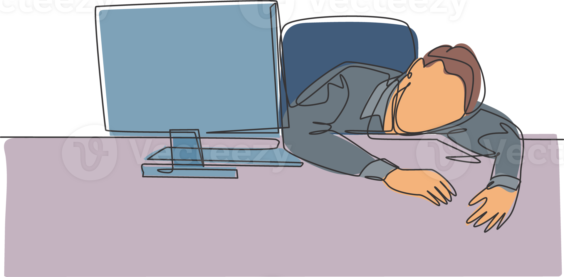 Single continuous line drawing of young sleepy startup CEO fall asleep on work desk while he was reading. Work overload fatigue at the office concept one line draw graphic design illustration png